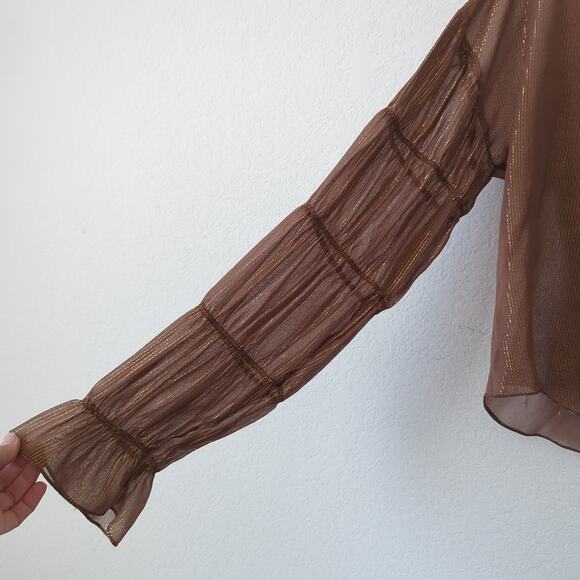 Amanda Uprichard Blouse Large Womens Top Sheer Long Sleeve Gold Metallic Silk - Picture 4 of 9